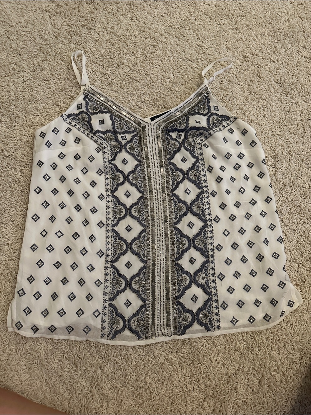 White House Black Market Cream and Navy Printed Camisole